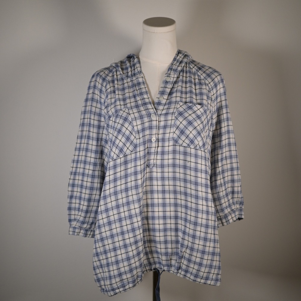 We The Free Free People M Plaid Hooded Tunic Top Blue White Drawstring Prairie